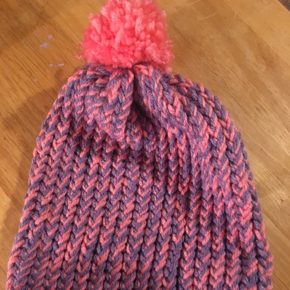 Homemade pink and purple knit hat